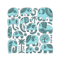 Poster - Elephant family. Square frame. Ethnic ornament for your design - cards, wall decor, t-shird design etc