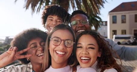 Wall Mural - University, selfie and face of friends with peace sign for education, learning and school in summer. Excited, smile and portrait of men and women students take picture for social media, memory or fun