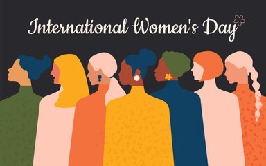 Wall Mural - Postcard for International Women's Day, in which women of different nationalities stand together on a black horizontal background. Vector.