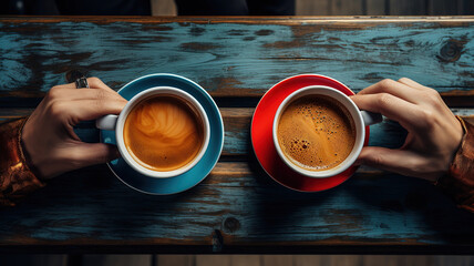 Two cups of coffee on a wooden table, the girl holds in her hand one cup of coffee. Generative Ai