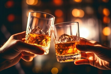 Two hands clink glasses of whiskey wiskey on the couch, cozy. Bar drinking menu.