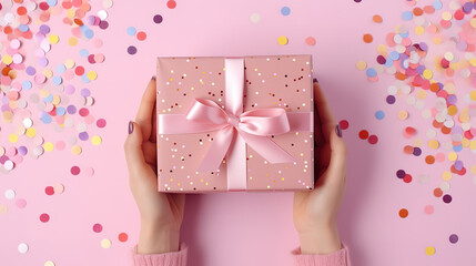 Womans hands holding gift or present box decorated confetti. Generative Ai