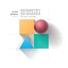 geometry 3d shapes composition for web design and social media, with outline grid and shadow, 3d elements with acrilic stone material on the isolated white background, abstract