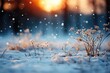 An enchanting background showcasing frosted little wildflowers gracing a snow-blanketed ground, with a softly blurred snowy backdrop. Photorealistic illustration, Generative AI
