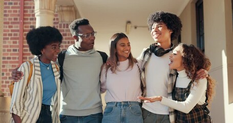 Poster - Students, group and college friends laugh and walking together for education, learning and break. Funny people at university school for conversation about scholarship, diversity or joke and freedom