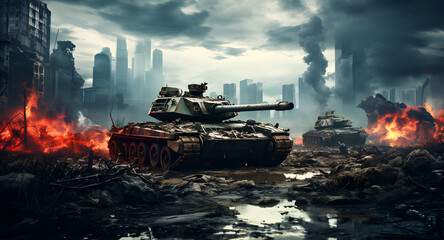 Wall Mural - destroyed town with collapsing structures and tank after war.
