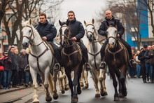A Group Of Policemen Intimidate Using Horses And Dogs. Order With Force Concept.