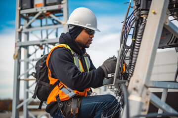 A technician perched on a 5G telecommunications tower fixing an issue. Sunrise or sunset.