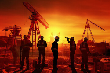 Silhouette of workers in the background of a construction site.