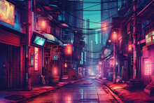 Illustration Of A Futuristic Street And Buildings At Night With Neon Lights