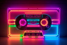 Neon Cassette. Nostalgia Of The 90s. Audio Cassette For Listening To Music.
