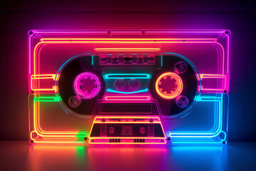 Neon cassette. Nostalgia of the 90s. Audio cassette for listening to music.