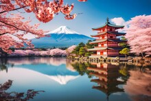 Mount Fuji With Pink Trees Travel Destination. Tour Tourism Exploring.