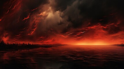 Wall Mural - Post-apocalyptic image of an orange sunset over colorful clouds