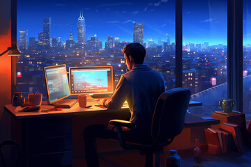 Young man working on computer at night in office. 3D rendering