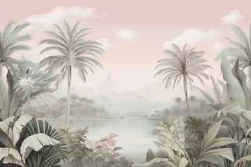  Tropical landscape wallpaper design in pastel tones, soft color, oil painting background, palm and banana trees, mural art, Generative AI