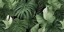 Tropical Exotic Seamless Pattern With Tropical Green Palm, Colocasia, Banana Leaves. Hand Drawing Botanical Vintage Background. Suitable For Making Wallpaper, Printing On Fabric, Generative AI