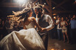 Bride and groom dancing at wedding. Happy couple excited smile for wedding, happiness and marriage. Generative AI