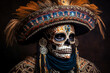A man in a skeleton mask, sombrero and a national Mexican costume. Day of the Dead (Dia de los Muertes) holiday.. Generative AI	