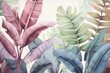 Tropical trees wallpaper design, banana leaf, landscape, pastel tones, mural art, Generative AI