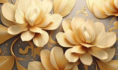 Golden floral background,  gold flowers, 4k abstract vintage flower design, mural art, gold luxury, luxurious nature, 3D illustration, 3D render, Generative AI