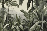 Tropical wallpaper design, banana trees, landscapes, mural art, Generative AI