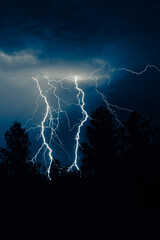 beautiful lightning during a thunderstorm at night in a forest that caused a fire, against a dark sky with rain