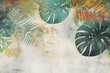 Tropical leafs on dirty grunge background with paint splashes. Design for wallpaper, photo wallpaper, fresco, etc, Generative AI