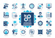 Operations Management icon set. Overseeing, Strategy, Logistics, Process Improvement, Supply Chain, Resources, Workforce, Production. Duotone color solid icons