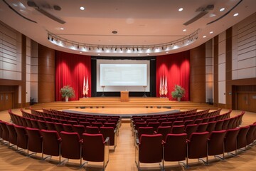 Interior of a conference room that is empty and has a presenting stage. The prespective of a conference or functional hall. Conference room, stage show