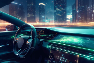 View of the inside of a modern car in the night. 3d rendering