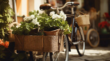 Old Bicycle With Baskets Of Potted Plants