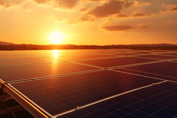 Wall Mural - solar panels and wind turbines generating electricity at sunset. alternative energy source.