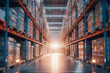 Blurred image of warehouse with rows of shelves with goods in warehouse