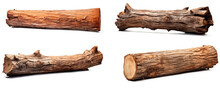 Set Of Wooden Dry Beam, Log, Part Of A Tree Trunk . Isolated On Transparent Background