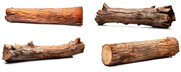 Set of Wooden dry beam, log, part of a tree trunk . Isolated on transparent background