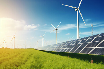 Wall Mural - solar energy panels and wind turbines at sunset, alternative energy concept