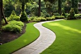 Fototapeta Fototapety z naturą - green curved landscape ground turf ground architecture grass landscaping design gardening landscape abstract Paved curve path walkway gardener paving landscaper paseo mow lawn lawn garden landscape