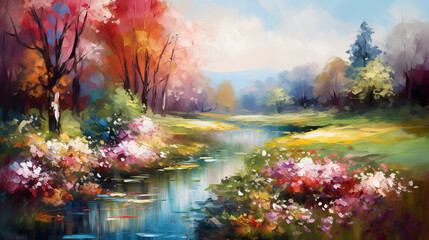  Bright landscape with blooming flowers and colorful forest.