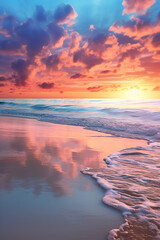 Wall Mural - a beach and sky with beach sand, with the sun rising behind ocean waves, in the style of photo-realistic landscapes, soft variations of color, colorful neo-romanticism, reflex 