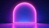 Fototapeta Przestrzenne - 3d render, abstract geometric neon background, pink blue vivid light, ultraviolet round hole in the wall. Window, open door, gate, portal. Room entrance, arch. Modern minimal concept