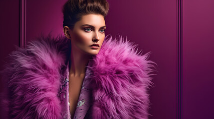 portrait of young caucasian female model posing in pink fur jacket