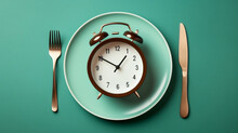 clock inside an empty plate, a concept of intermittent fasting and time management skills