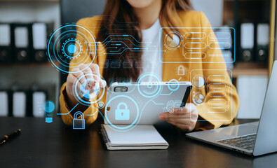Wall Mural - cyber security data protection business working on compute intelligenc digital tablet global network