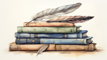 Sticker - watercolor feather with books on white background.