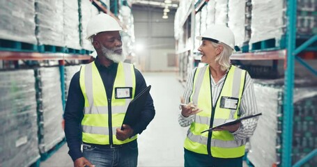 Canvas Print - People, warehouse team and logistics inspection, industrial checklist and inventory management or supply chain. Manager or woman talking of distribution, storage and package for commercial services