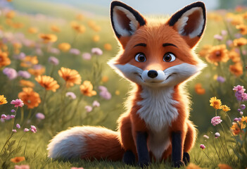 Wall Mural - Cute and adorable little fox sitting on a meadow in flowers. Generative AI