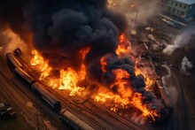 Aerical Top View Of A Train Derailed Exploding With Fire And Smoke. Tanks Burning Fire With Pesticides. Concept Technogenic Disaster. Wagons Freight Train Carrying Hazardous Substances Derailed.