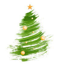 Christmas Tree Painted With A Brush Decorated With A Star On Top And Beads.  White Isolated Background