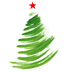 Wall Mural - Christmas tree drawn with a brush with a red star. white isolated background